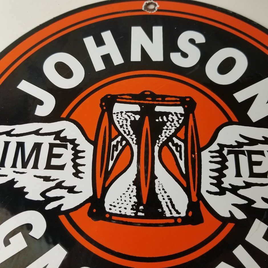 Vintage Johnson Gasoline Sign - Time Tells Gas Motor Oil Pump Porcelain Sign - Image 3