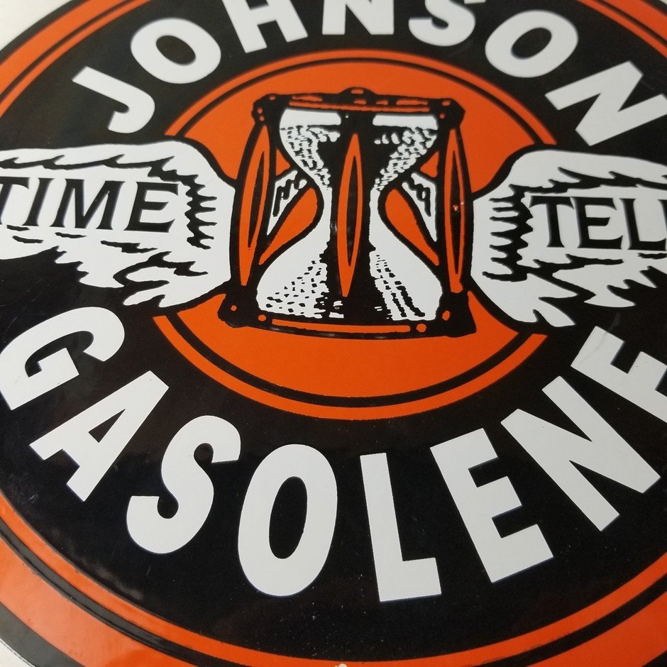 Vintage Johnson Gasoline Sign - Time Tells Gas Motor Oil Pump Porcelain Sign - Image 4