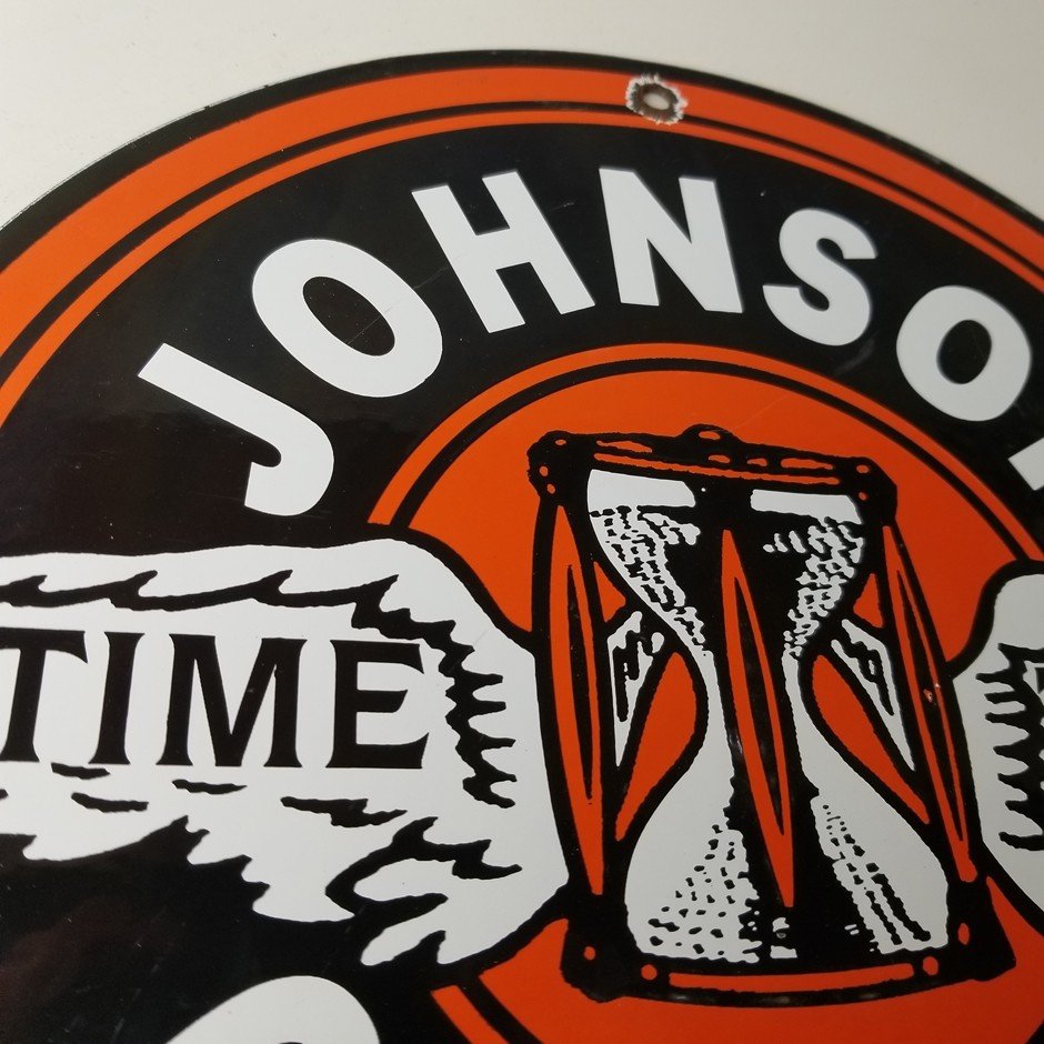 Vintage Johnson Gasoline Sign - Time Tells Gas Motor Oil Pump Porcelain Sign - Image 5