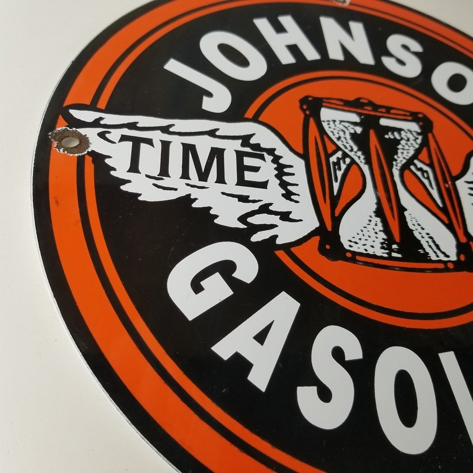 Vintage Johnson Gasoline Sign - Time Tells Gas Motor Oil Pump Porcelain Sign - Image 6