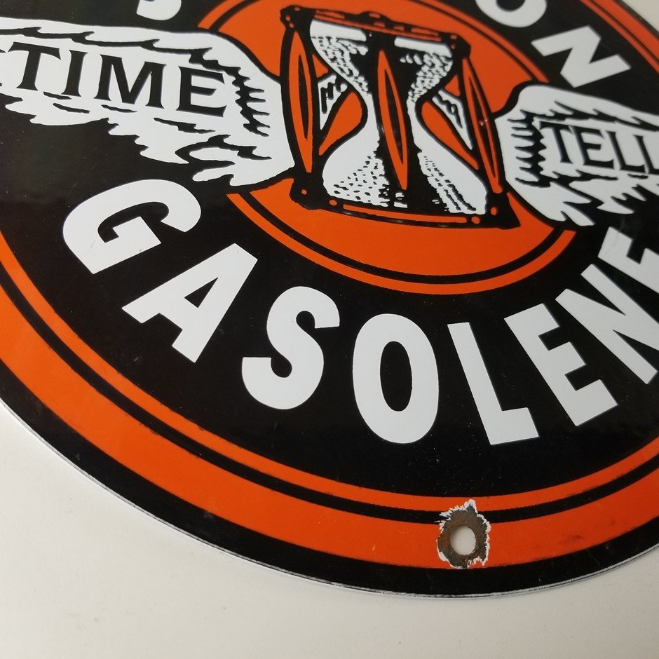 Vintage Johnson Gasoline Sign - Time Tells Gas Motor Oil Pump Porcelain Sign - Image 7