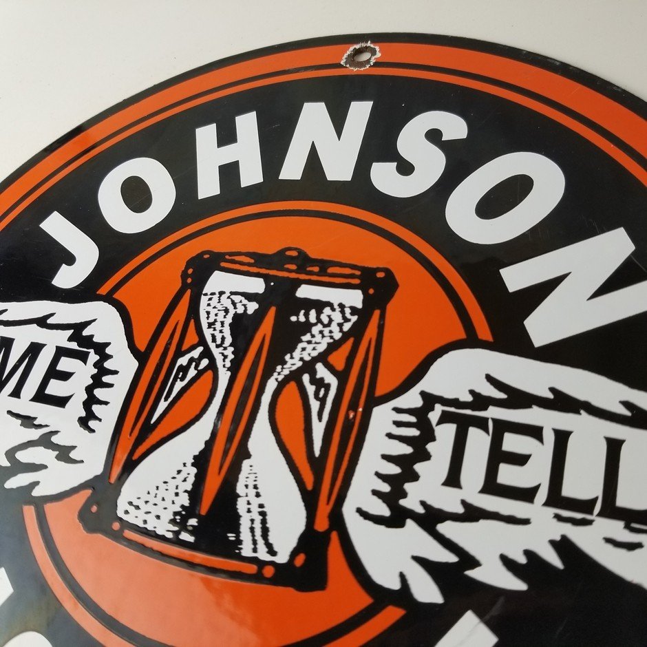 Vintage Johnson Gasoline Sign - Time Tells Gas Motor Oil Pump Porcelain Sign - Image 8