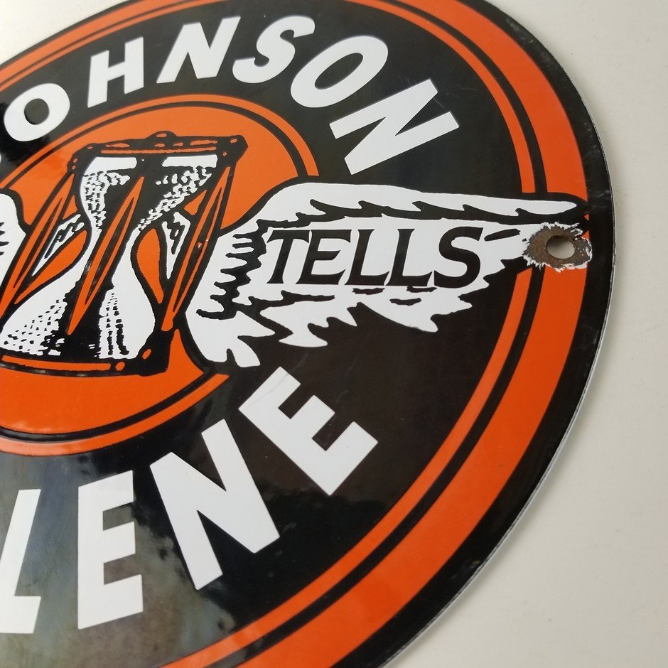 Vintage Johnson Gasoline Sign - Time Tells Gas Motor Oil Pump Porcelain Sign - Image 9