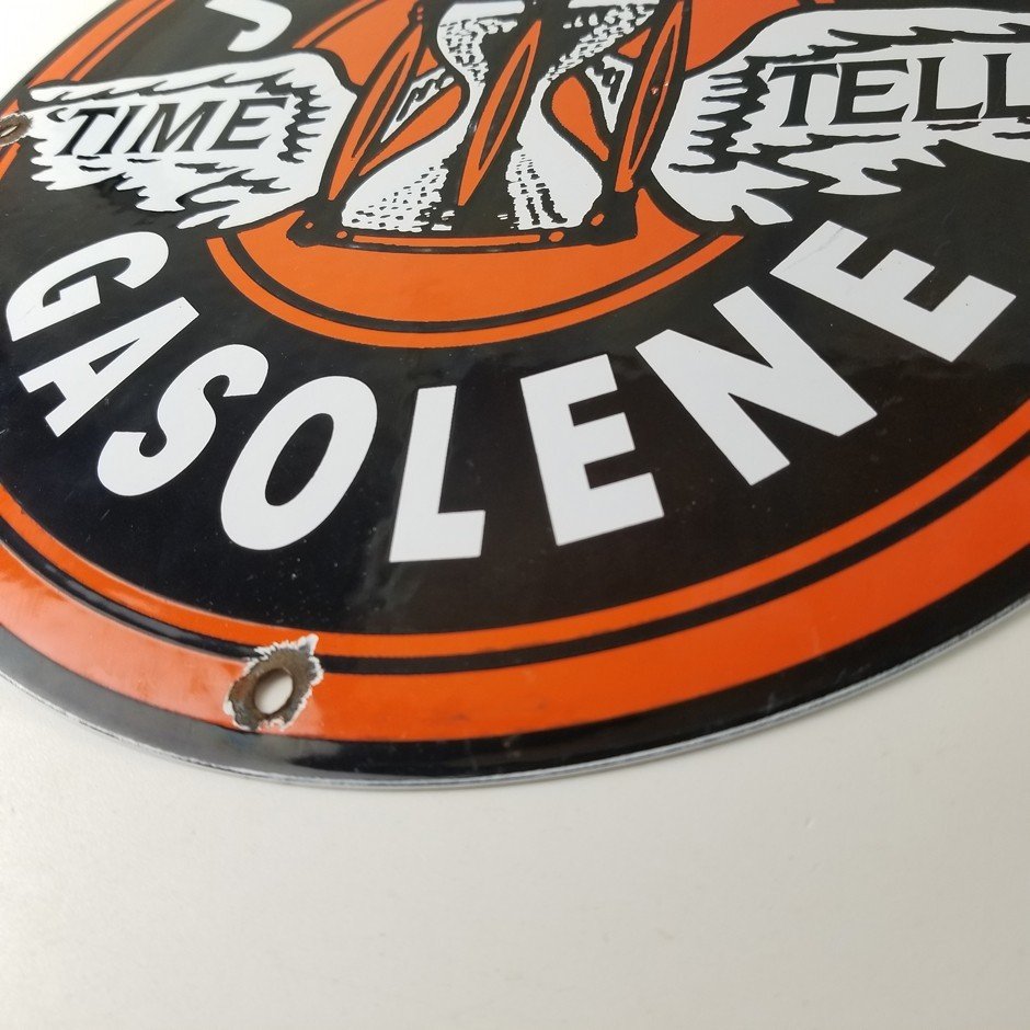 Vintage Johnson Gasoline Sign - Time Tells Gas Motor Oil Pump Porcelain Sign - Image 10