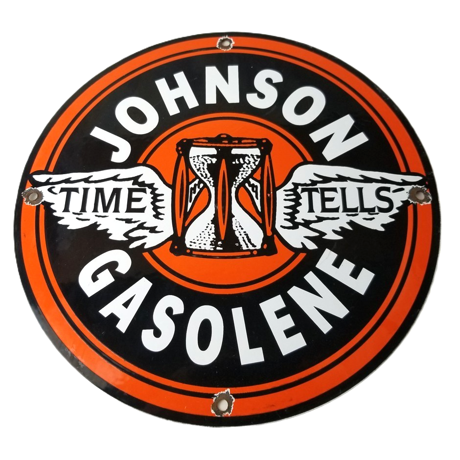 Vintage Johnson Gasoline Sign - Time Tells Gas Motor Oil Pump Porcelain Sign