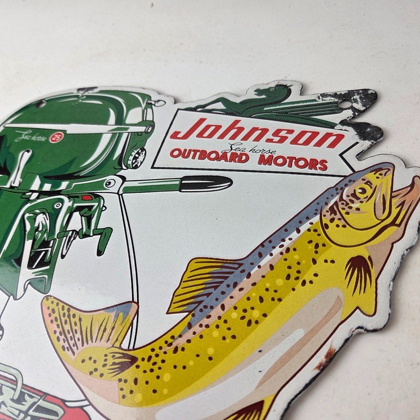 Vintage Johnson Sign - Gas Boat Engines Outboards Porcelain Pump Sign - Image 12