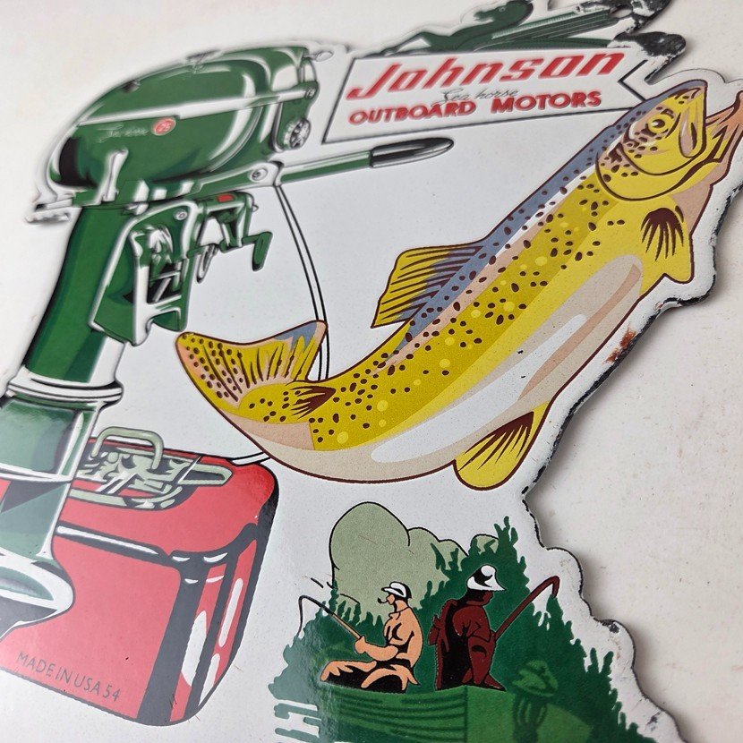 Vintage Johnson Sign - Gas Boat Engines Outboards Porcelain Pump Sign - Image 13