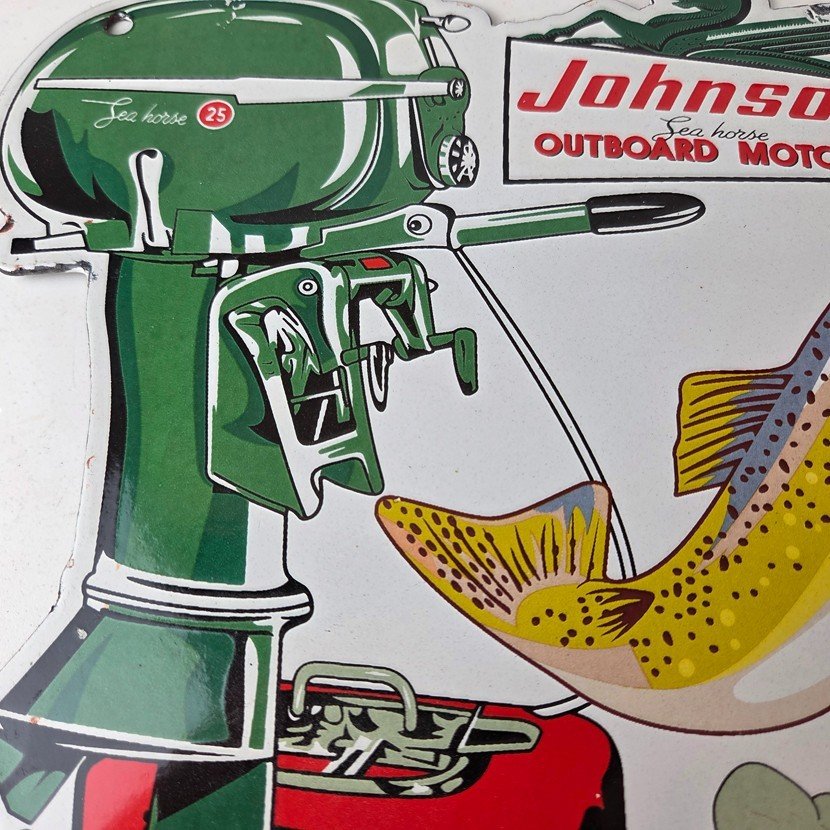 Vintage Johnson Sign - Gas Boat Engines Outboards Porcelain Pump Sign - Image 3