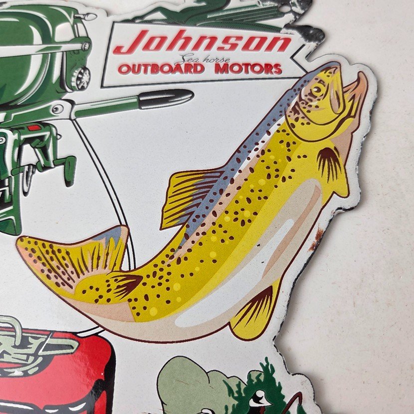 Vintage Johnson Sign - Gas Boat Engines Outboards Porcelain Pump Sign - Image 4