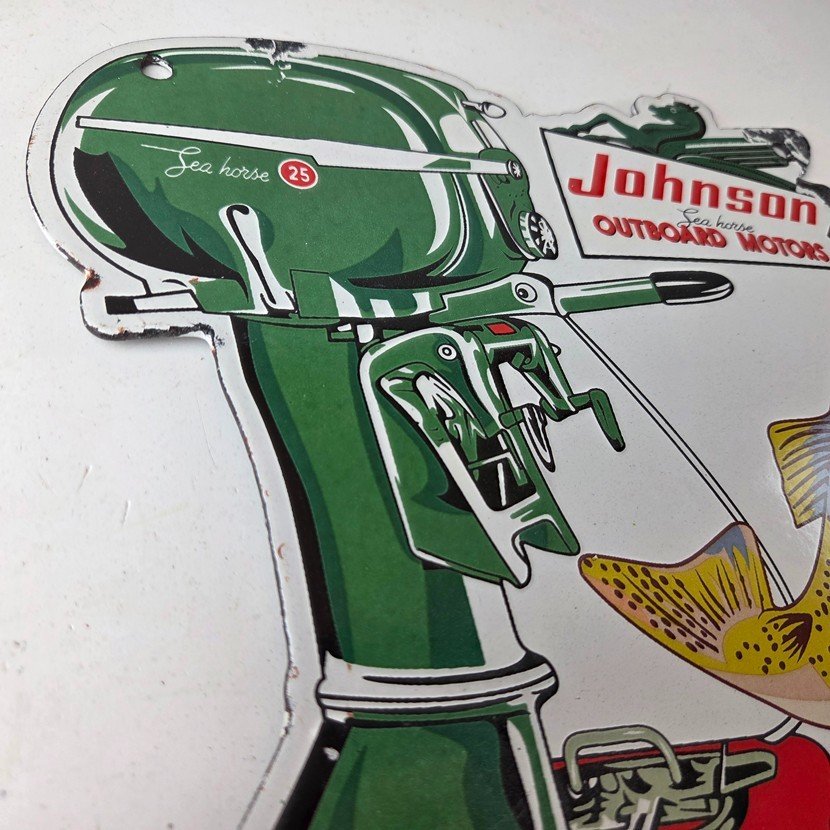Vintage Johnson Sign - Gas Boat Engines Outboards Porcelain Pump Sign - Image 5
