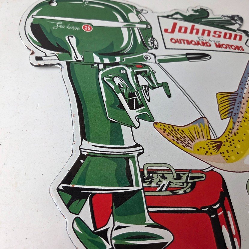 Vintage Johnson Sign - Gas Boat Engines Outboards Porcelain Pump Sign - Image 6
