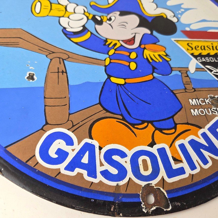 Vintage Marine Gasoline Sign - Mickey Mouse Porcelain Seaside Gas Oil Pump Sign - Image 11
