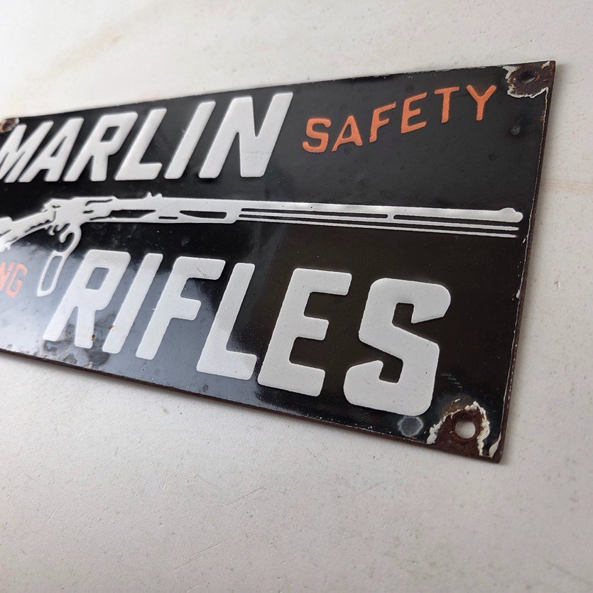 Vintage Marlin Rifles Sign - Dealer Firearm Advertising Gas Porcelain Sign - Image 12