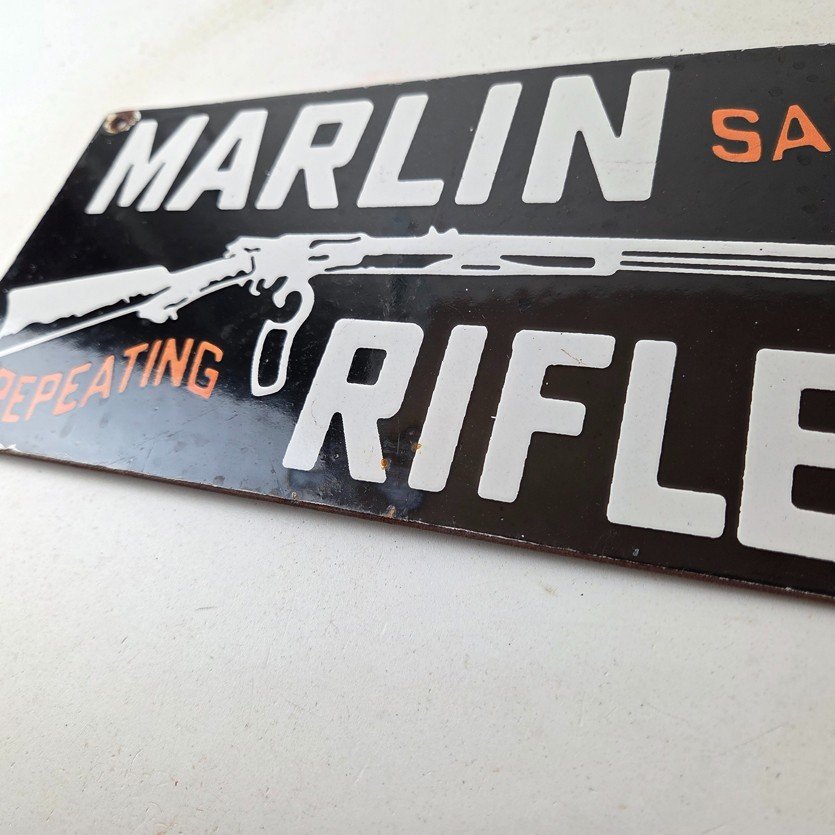 Vintage Marlin Rifles Sign - Dealer Firearm Advertising Gas Porcelain Sign - Image 14