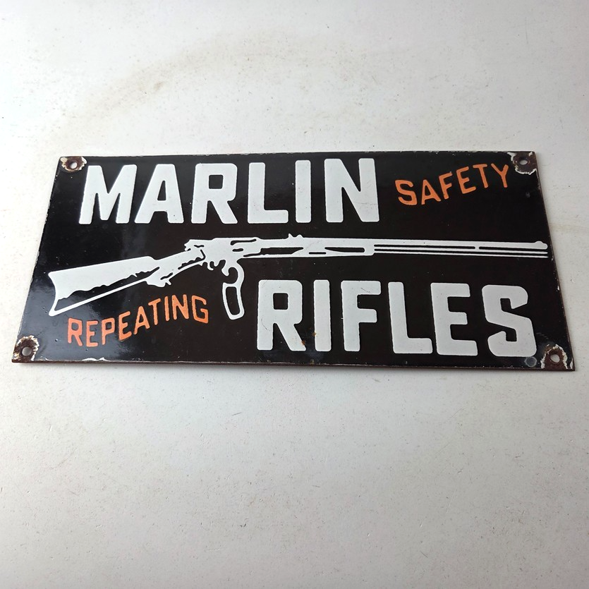 Vintage Marlin Rifles Sign - Dealer Firearm Advertising Gas Porcelain Sign - Image 15