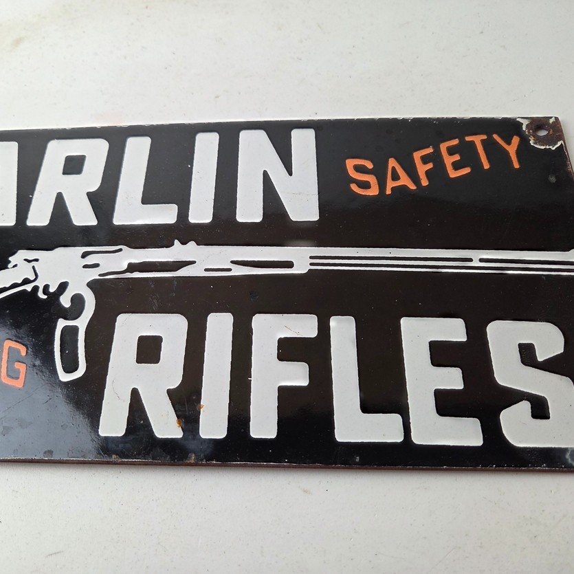 Vintage Marlin Rifles Sign - Dealer Firearm Advertising Gas Porcelain Sign - Image 3