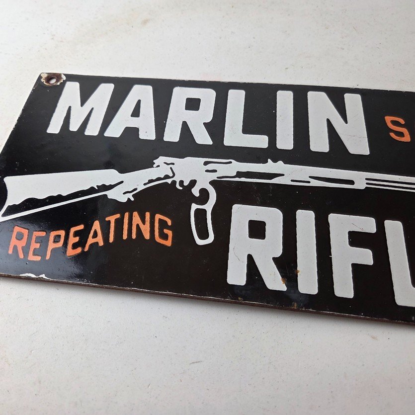 Vintage Marlin Rifles Sign - Dealer Firearm Advertising Gas Porcelain Sign - Image 4
