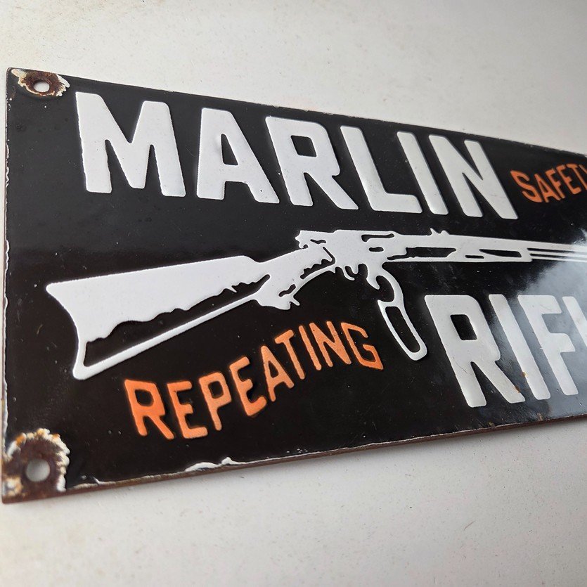 Vintage Marlin Rifles Sign - Dealer Firearm Advertising Gas Porcelain Sign - Image 5