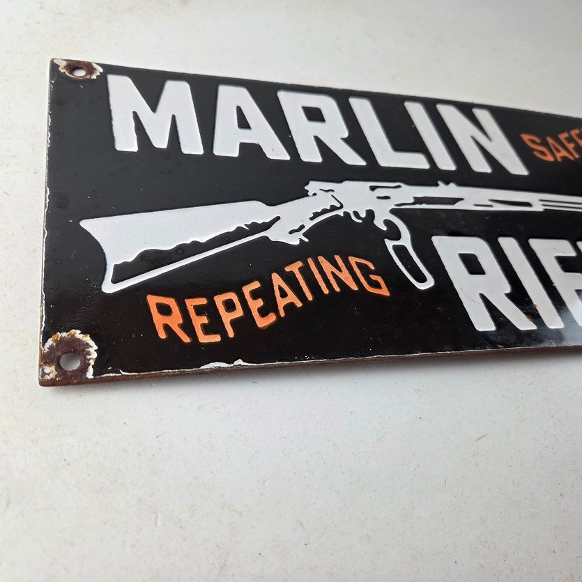 Vintage Marlin Rifles Sign - Dealer Firearm Advertising Gas Porcelain Sign - Image 6