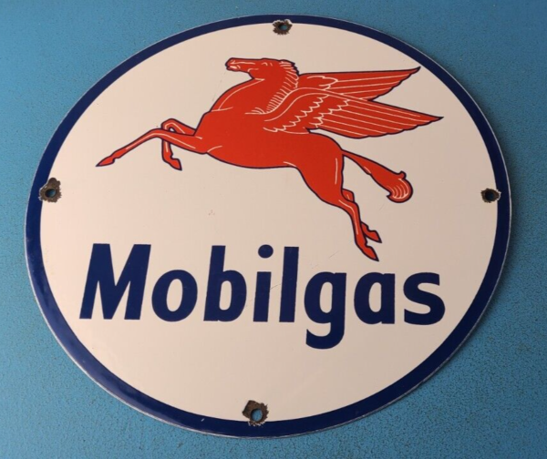 Vintage Mobil Sign Pegasus Mobilgas Gas Motor Oil Pump Service Porcelain Sign