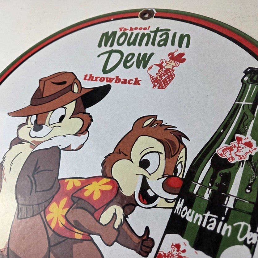 Vintage Mountain Dew Porcelain - Gas Pump Plate Soda Bottles Chip and Dale Sign - Image 12