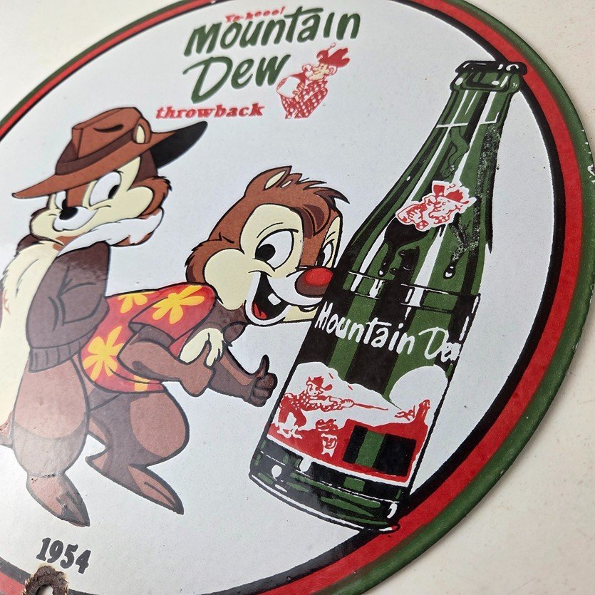 Vintage Mountain Dew Porcelain - Gas Pump Plate Soda Bottles Chip and Dale Sign - Image 13