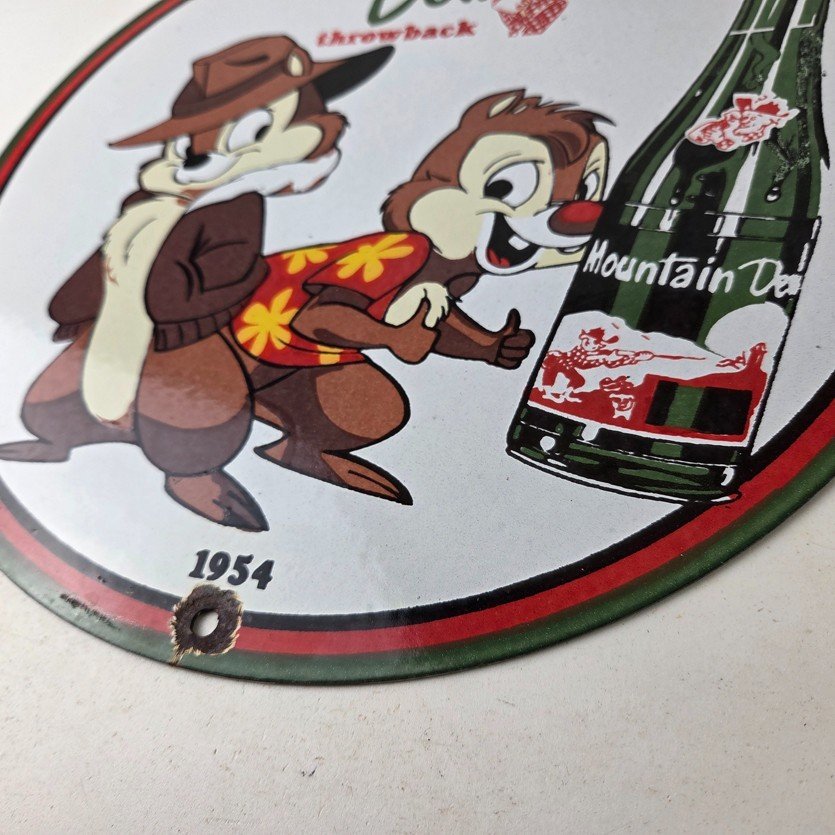 Vintage Mountain Dew Porcelain - Gas Pump Plate Soda Bottles Chip and Dale Sign - Image 14