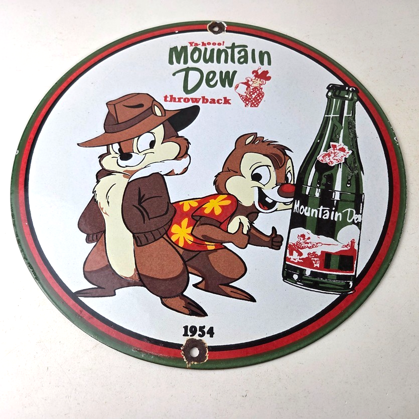 Vintage Mountain Dew Porcelain - Gas Pump Plate Soda Bottles Chip and Dale Sign - Image 15