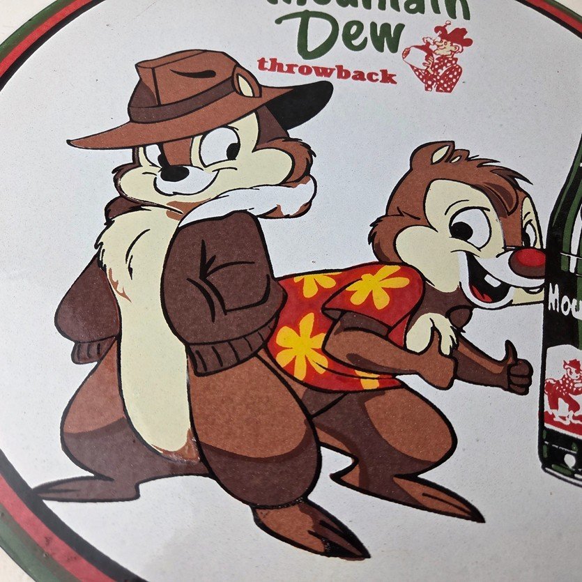 Vintage Mountain Dew Porcelain - Gas Pump Plate Soda Bottles Chip and Dale Sign - Image 4