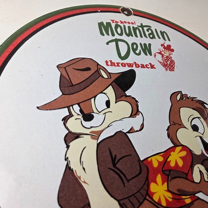 Vintage Mountain Dew Porcelain - Gas Pump Plate Soda Bottles Chip and Dale Sign - Image 5