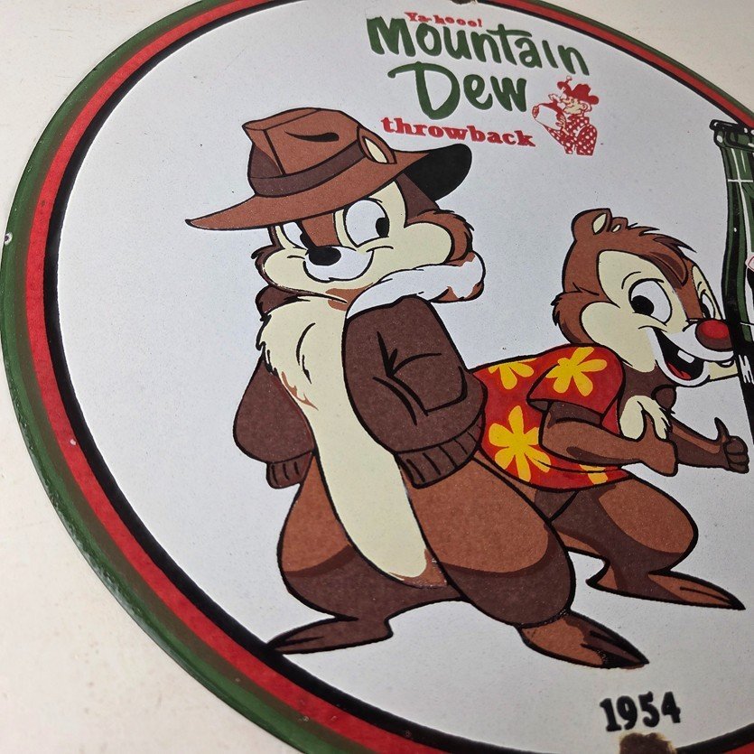 Vintage Mountain Dew Porcelain - Gas Pump Plate Soda Bottles Chip and Dale Sign - Image 6
