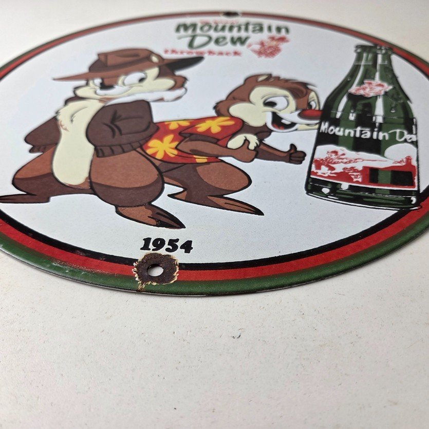 Vintage Mountain Dew Porcelain - Gas Pump Plate Soda Bottles Chip and Dale Sign - Image 10