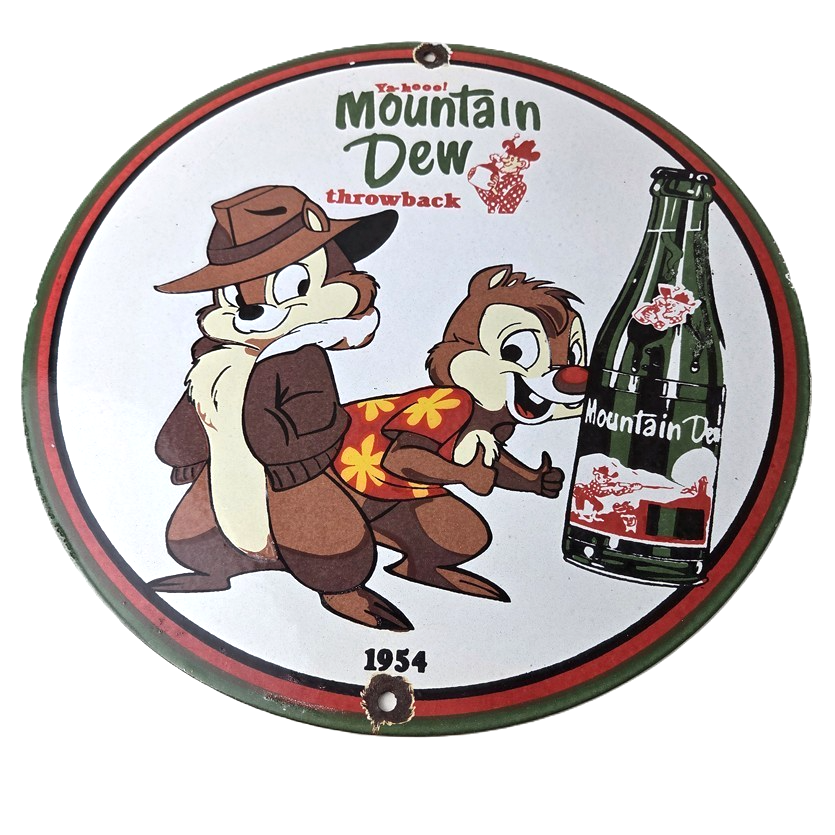 Vintage Mountain Dew Porcelain - Gas Pump Plate Soda Bottles Chip and Dale Sign