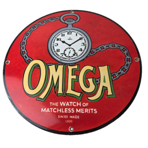 Vintage Omega Watches Porcelain Sign - Swiss Made Store Display Gas Pump Sign
