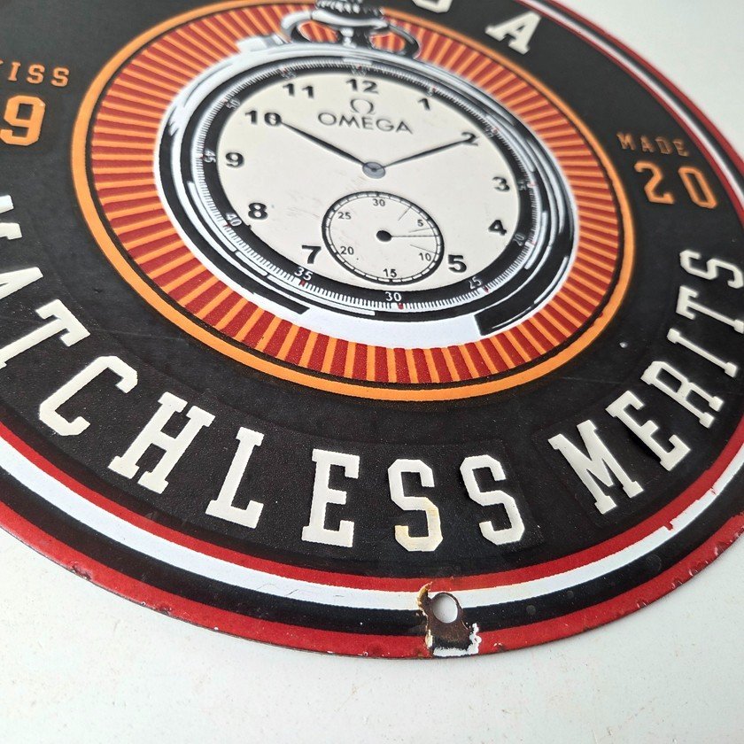 Vintage Omega Watches Sign - Matchless Merits Store Display Gas Porcelain Sign - Image 11