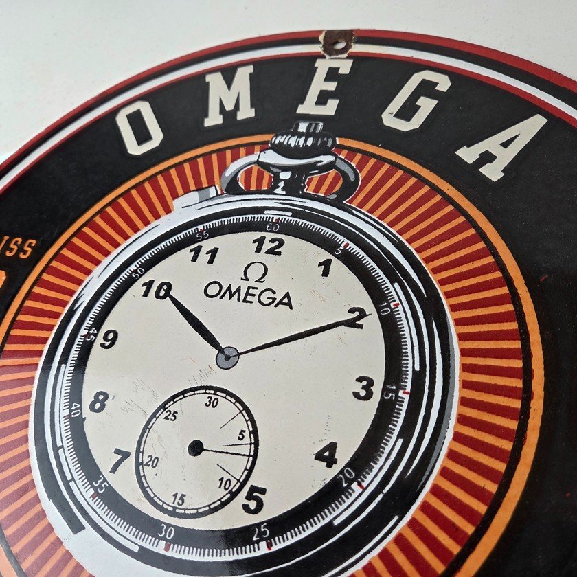 Vintage Omega Watches Sign - Matchless Merits Store Display Gas Porcelain Sign - Image 12