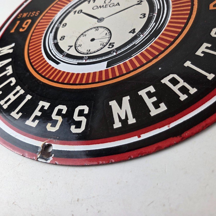 Vintage Omega Watches Sign - Matchless Merits Store Display Gas Porcelain Sign - Image 14