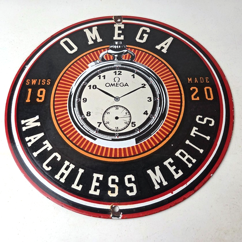Vintage Omega Watches Sign - Matchless Merits Store Display Gas Porcelain Sign - Image 15