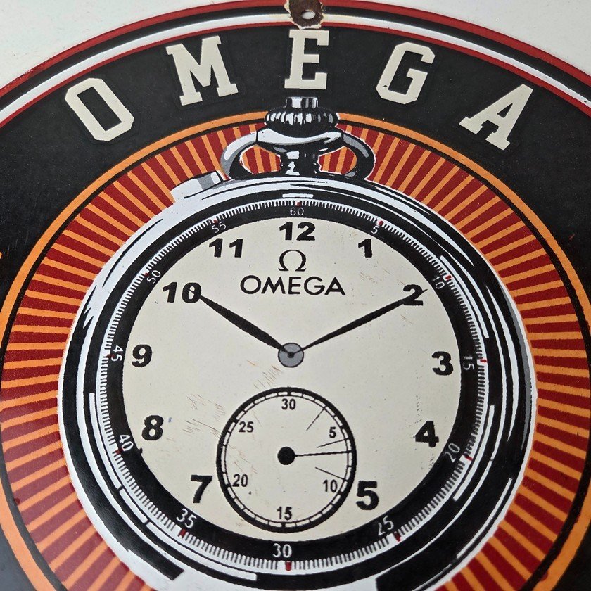 Vintage Omega Watches Sign - Matchless Merits Store Display Gas Porcelain Sign - Image 3