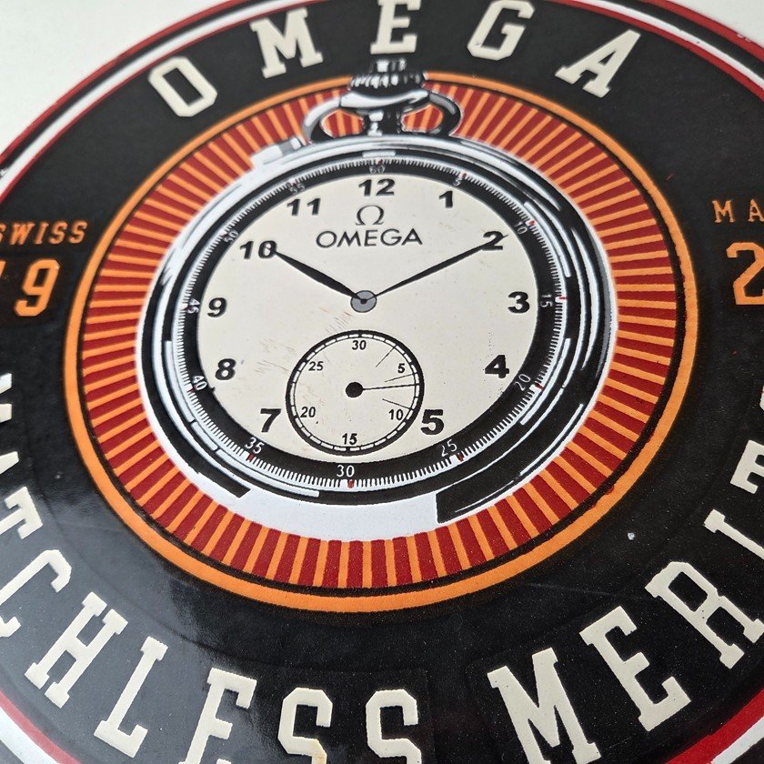 Vintage Omega Watches Sign - Matchless Merits Store Display Gas Porcelain Sign - Image 4