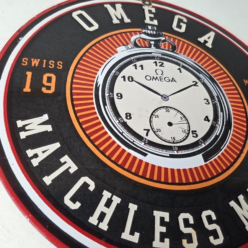 Vintage Omega Watches Sign - Matchless Merits Store Display Gas Porcelain Sign - Image 6