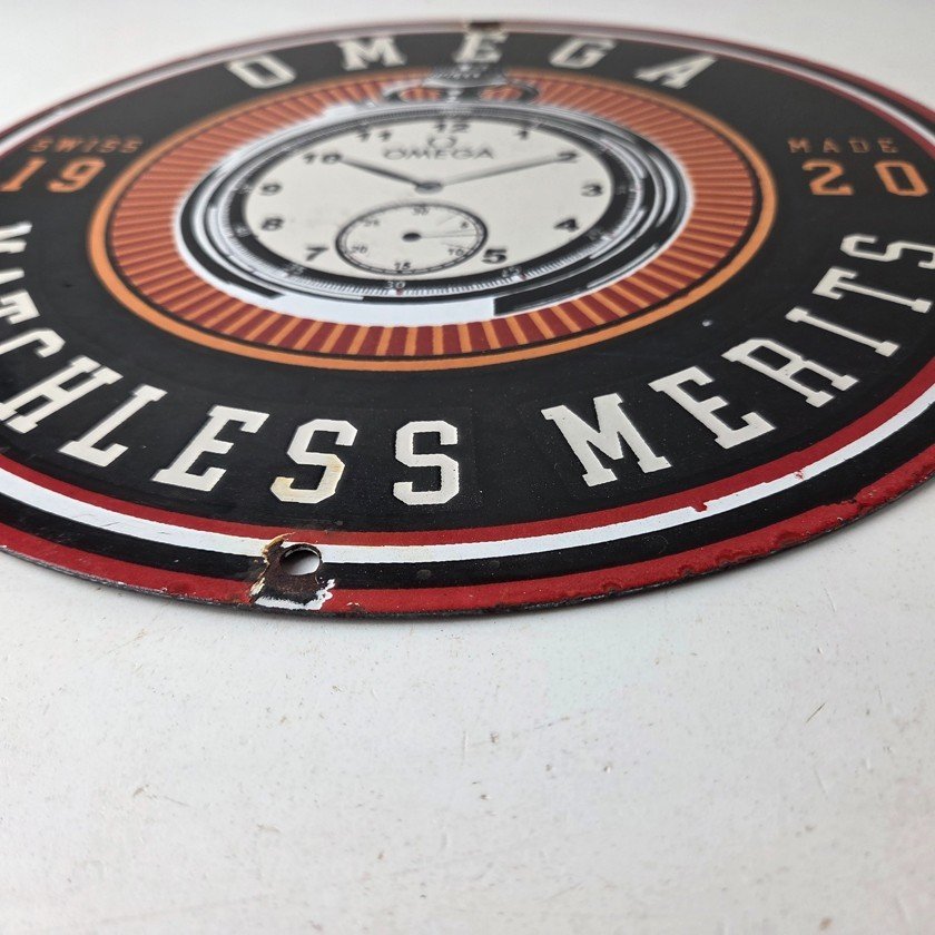 Vintage Omega Watches Sign - Matchless Merits Store Display Gas Porcelain Sign - Image 10