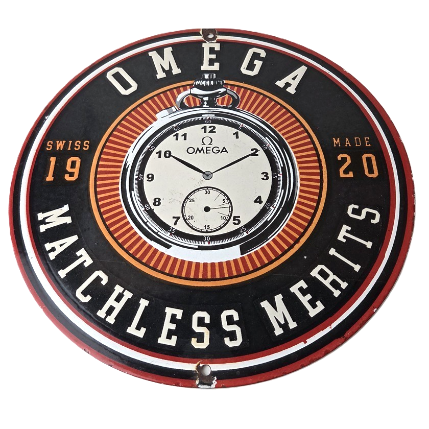 Vintage Omega Watches Sign - Matchless Merits Store Display Gas Porcelain Sign