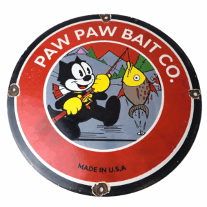 Vintage Paw Paw Bait Fishing Sign - Felix Cat Pump Plate Gas Service Sign