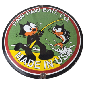Vintage Paw Paw Bait Sign - Felix Cat Fishing Gas Service Sign