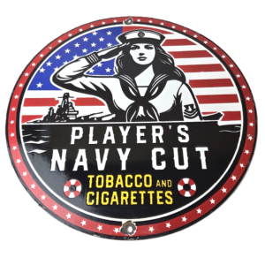 Vintage Player's Navy Cut Tobacco Porcelain Sign - Sailor Pin Up Sign