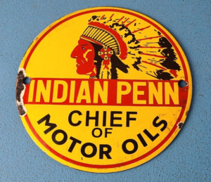 Vintage Porcelain Indian Penn Gasoline Sign Chief Motor Oils Gas Pump Sign 305365735992