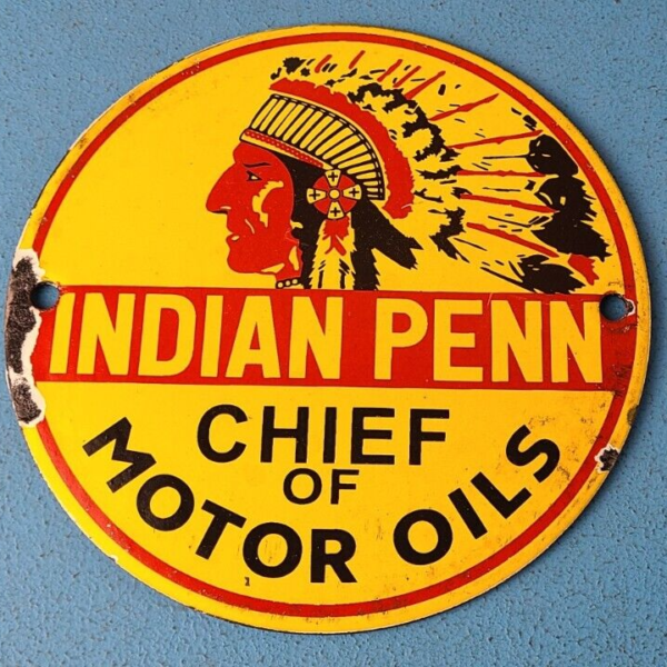 Vintage Porcelain Indian Penn Gasoline Sign Chief Motor Oils Gas Pump Sign 305365735992