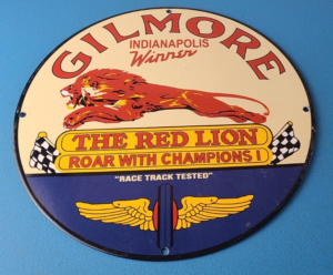 Vintage Porcelain Sign Gilmore Gasoline Red Lion Champion Gas Pump Sign 305859187342