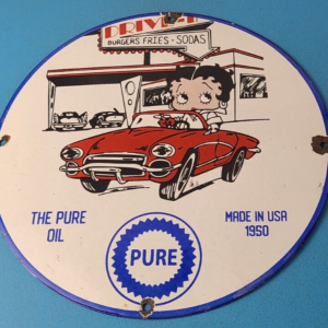 Vintage Pure Motor Oil Porcelain Sign - Betty Boop Gas Pump Plate Sign